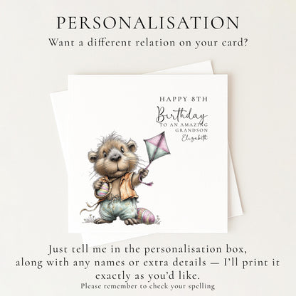 8th Birthday Card for Grandson, Personalised Boys Birthday Card, Cute Capybara Card, Age 8 Birthday Card for Boy