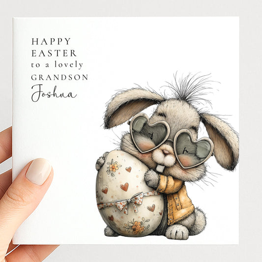 Easter Card for Grandson, Personalised Easter Card, Cute Bunny Easter Card for Grandchild, Easter Card with Name
