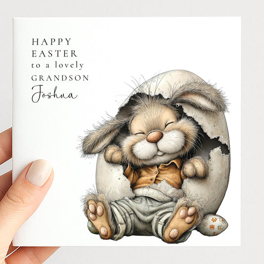 Easter Card for Grandson, Personalised Easter Card with Name, Cute Bunny in Egg Card, Grandchild Easter Card