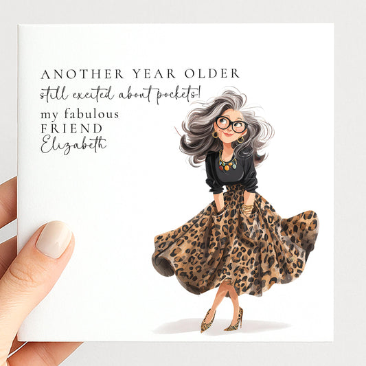 Funny Birthday Card for Friend, Still Excited About Pockets Card, Stylish Leopard Print Birthday Card, Modern Woman Birthday