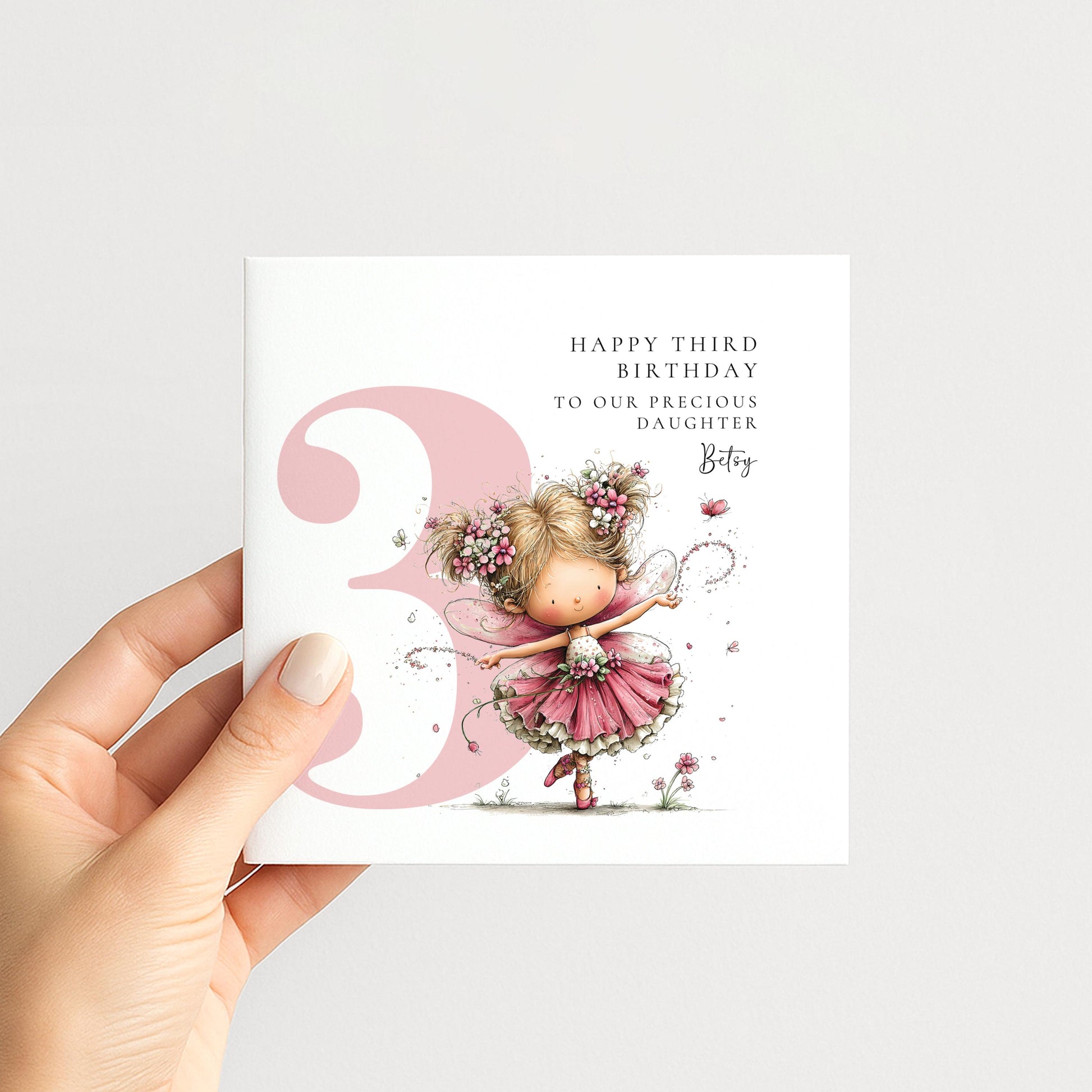 Personalised 3rd Birthday Card for Girl, Fairy Birthday Daughter Card, Blonde Baby Girl Age 3 Card, Custom Name Third Birthday Keepsake