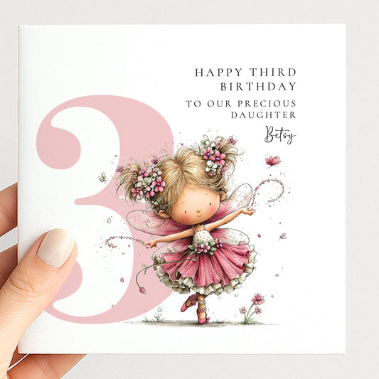 Personalised 3rd Birthday Card for Girl, Fairy Birthday Daughter Card, Blonde Baby Girl Age 3 Card, Custom Name Third Birthday Keepsake