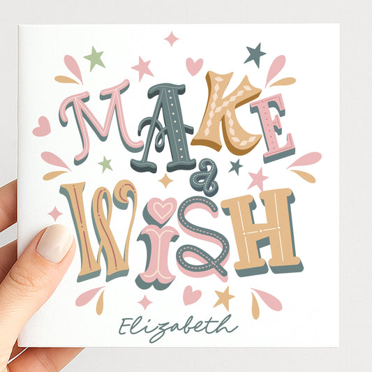 Personalised Make A Wish Birthday Card, Custom Name Birthday Card, Colourful Hand Drawn Typography Card, Fun Modern Birthday