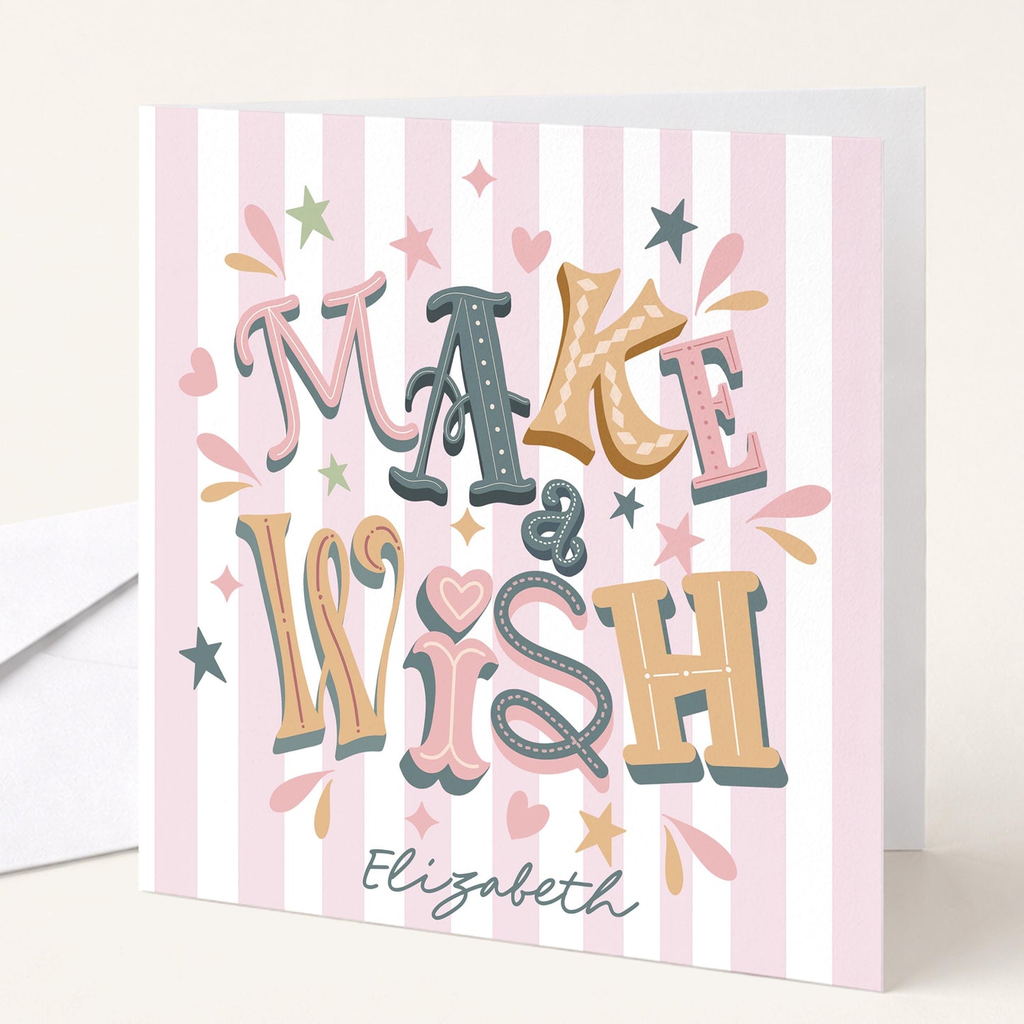 Personalised Make A Wish Birthday Card, Custom Name Birthday Card, Colourful Modern Birthday Card, Striped Background Design