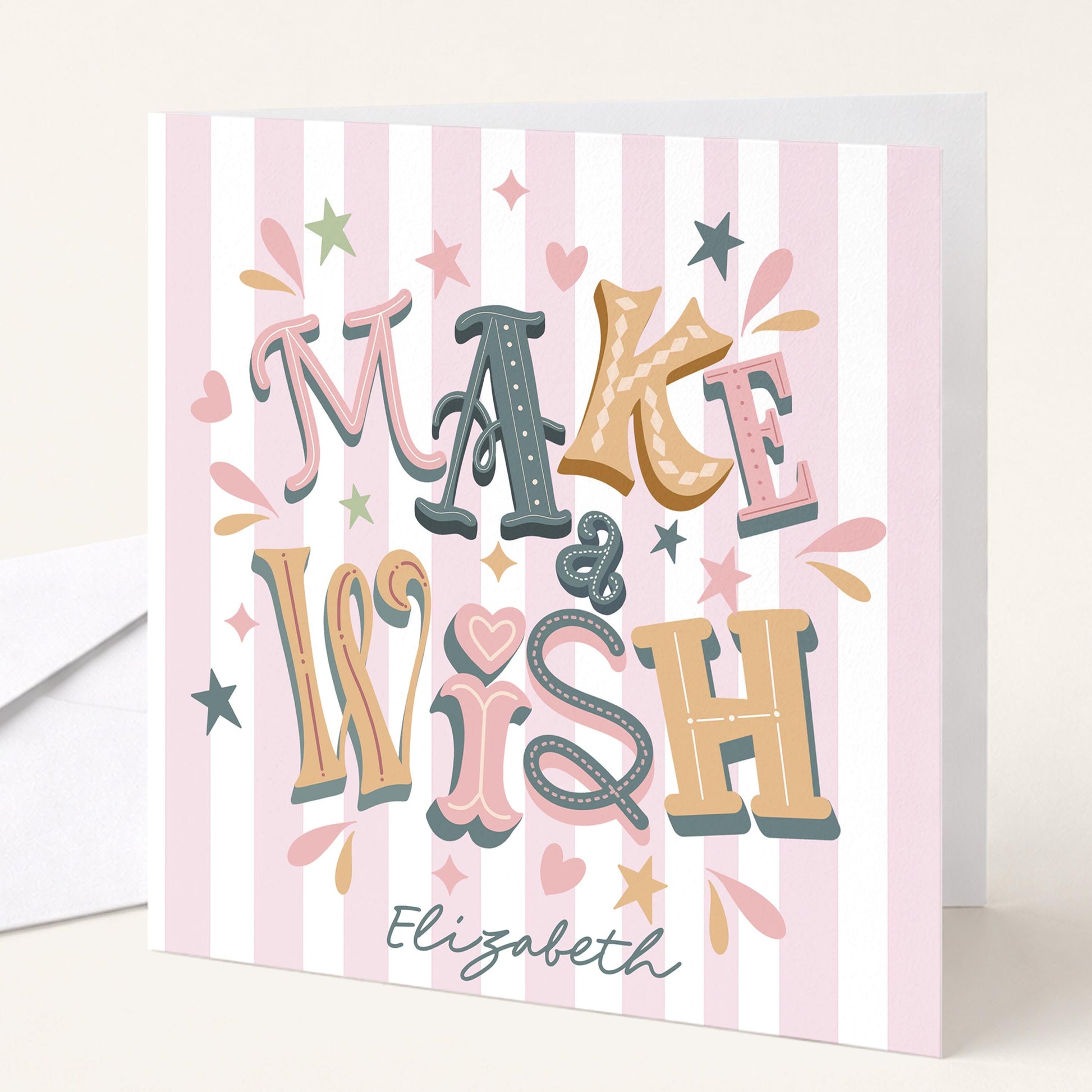 Personalised Make A Wish Birthday Card, Custom Name Birthday Card, Colourful Modern Birthday Card, Striped Background Design