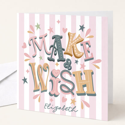 Personalised Make A Wish Birthday Card, Custom Name Birthday Card, Colourful Modern Birthday Card, Striped Background Design