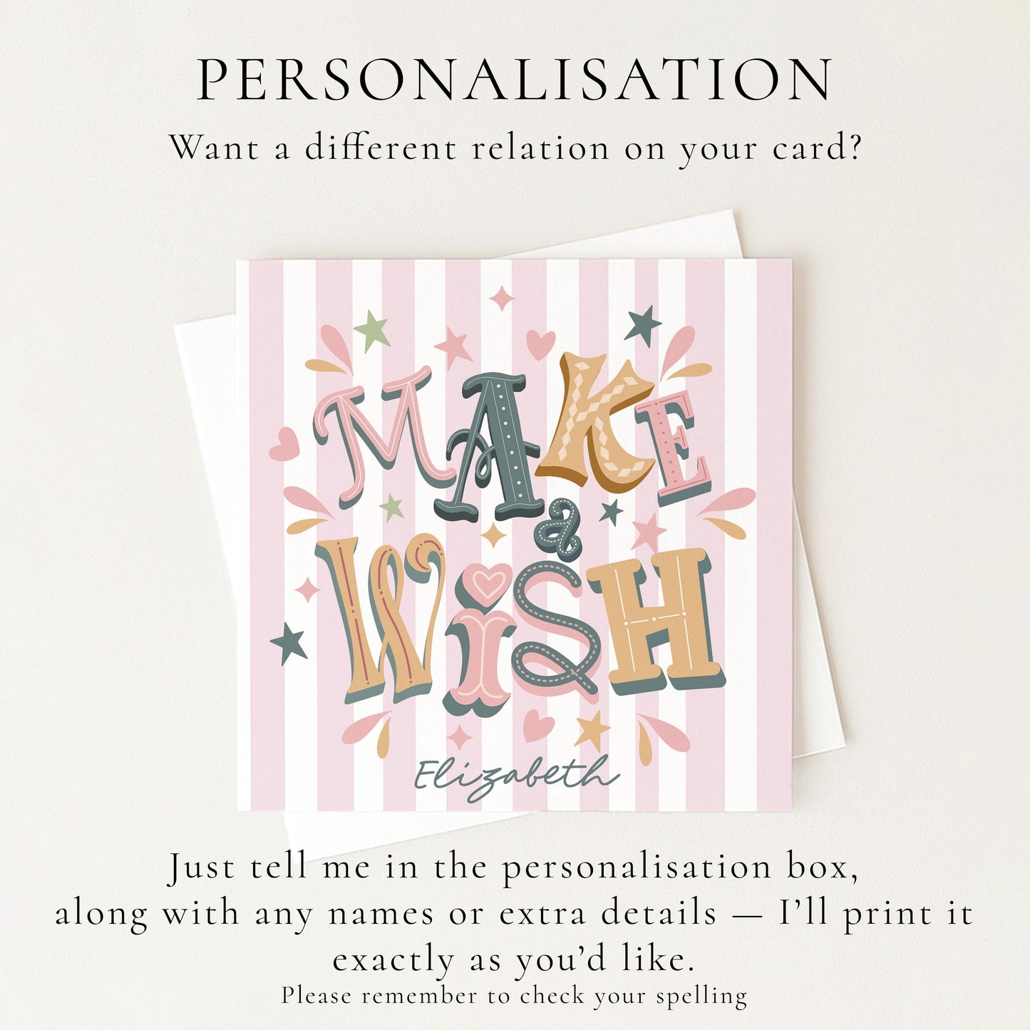 Personalised Make A Wish Birthday Card, Custom Name Birthday Card, Colourful Modern Birthday Card, Striped Background Design
