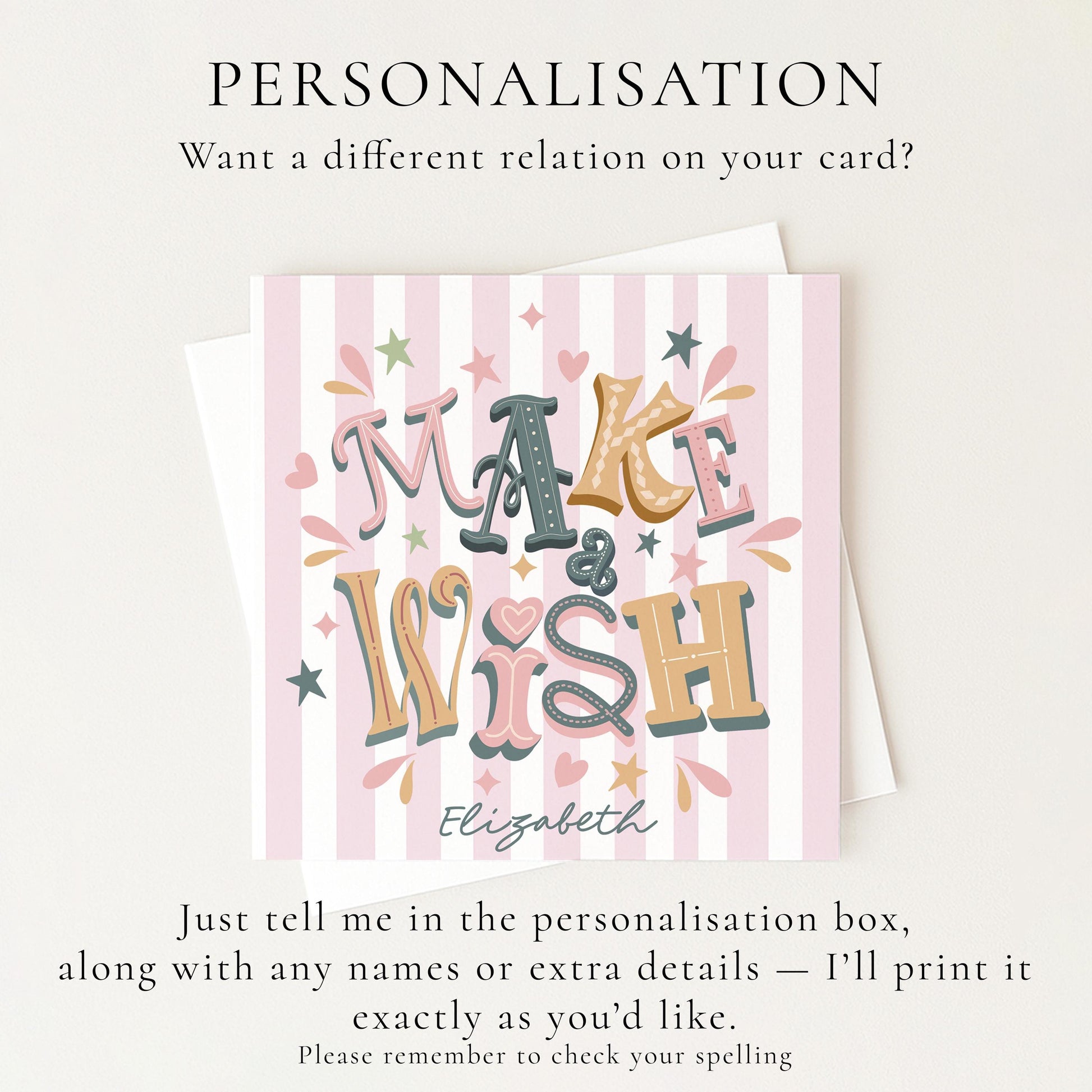 Personalised Make A Wish Birthday Card, Custom Name Birthday Card, Colourful Modern Birthday Card, Striped Background Design
