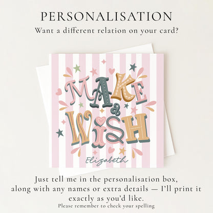 Personalised Make A Wish Birthday Card, Custom Name Birthday Card, Colourful Modern Birthday Card, Striped Background Design
