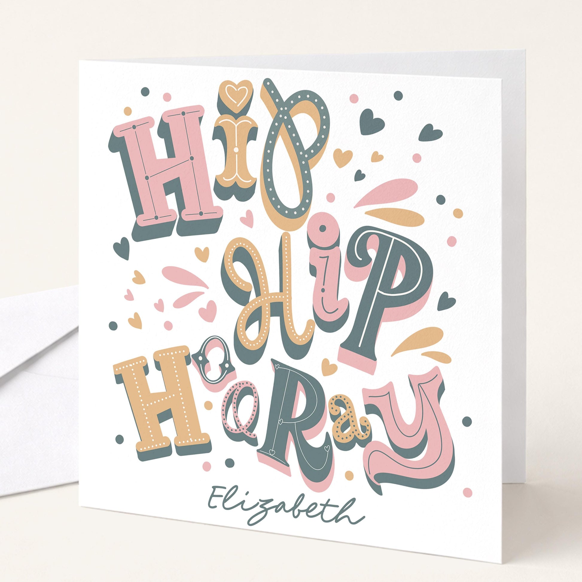 Personalised Hip Hip Hooray Birthday Card, Custom Name Birthday Card, Colourful Modern Typography Card, Fun Birthday Card For Her
