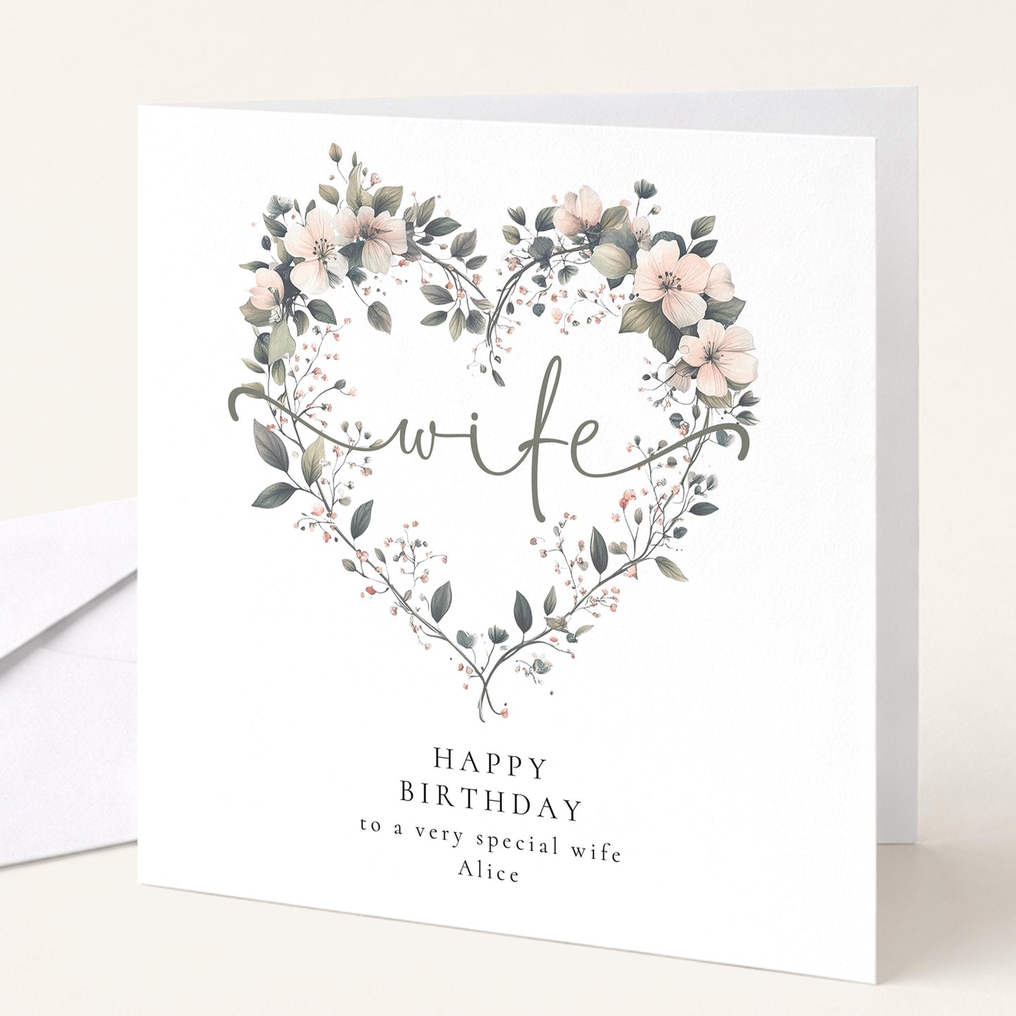 Wife Birthday Card, Happy Birthday to My Wife Card, Floral Heart Birthday Card for Wife, Elegant Personalised Wife Card