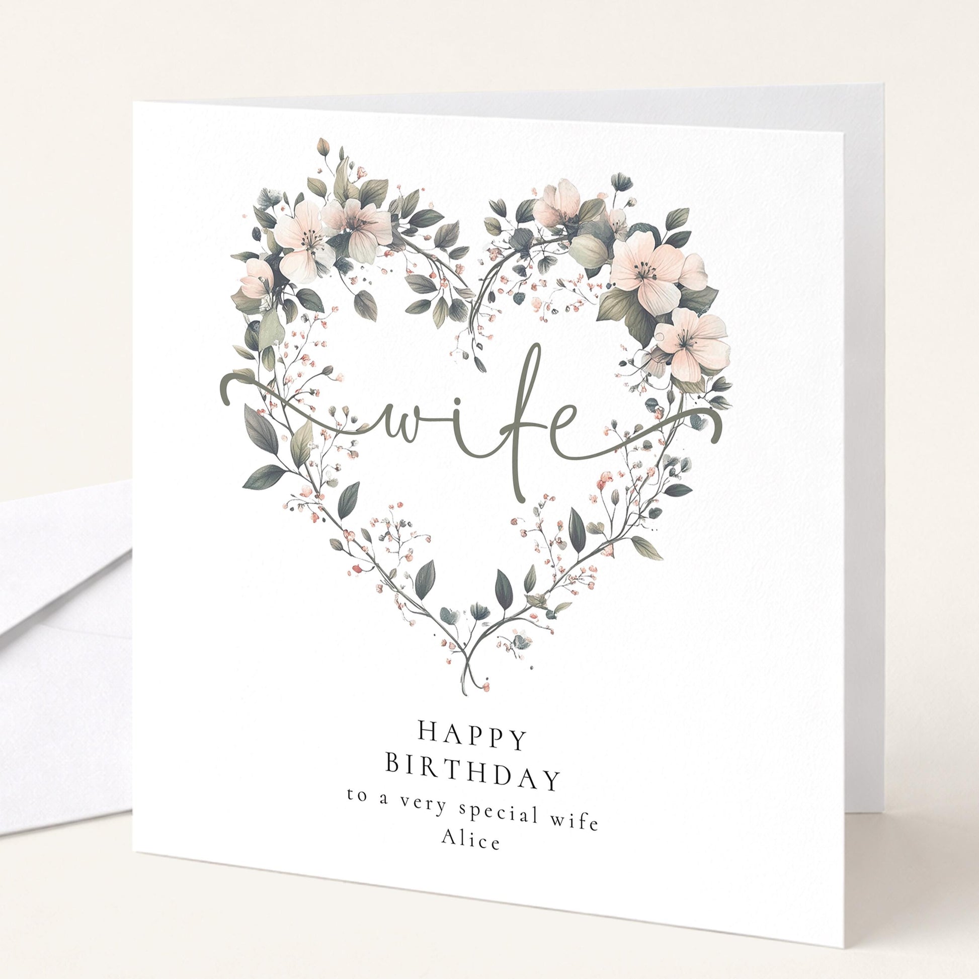Wife Birthday Card, Happy Birthday to My Wife Card, Floral Heart Birthday Card for Wife, Elegant Personalised Wife Card