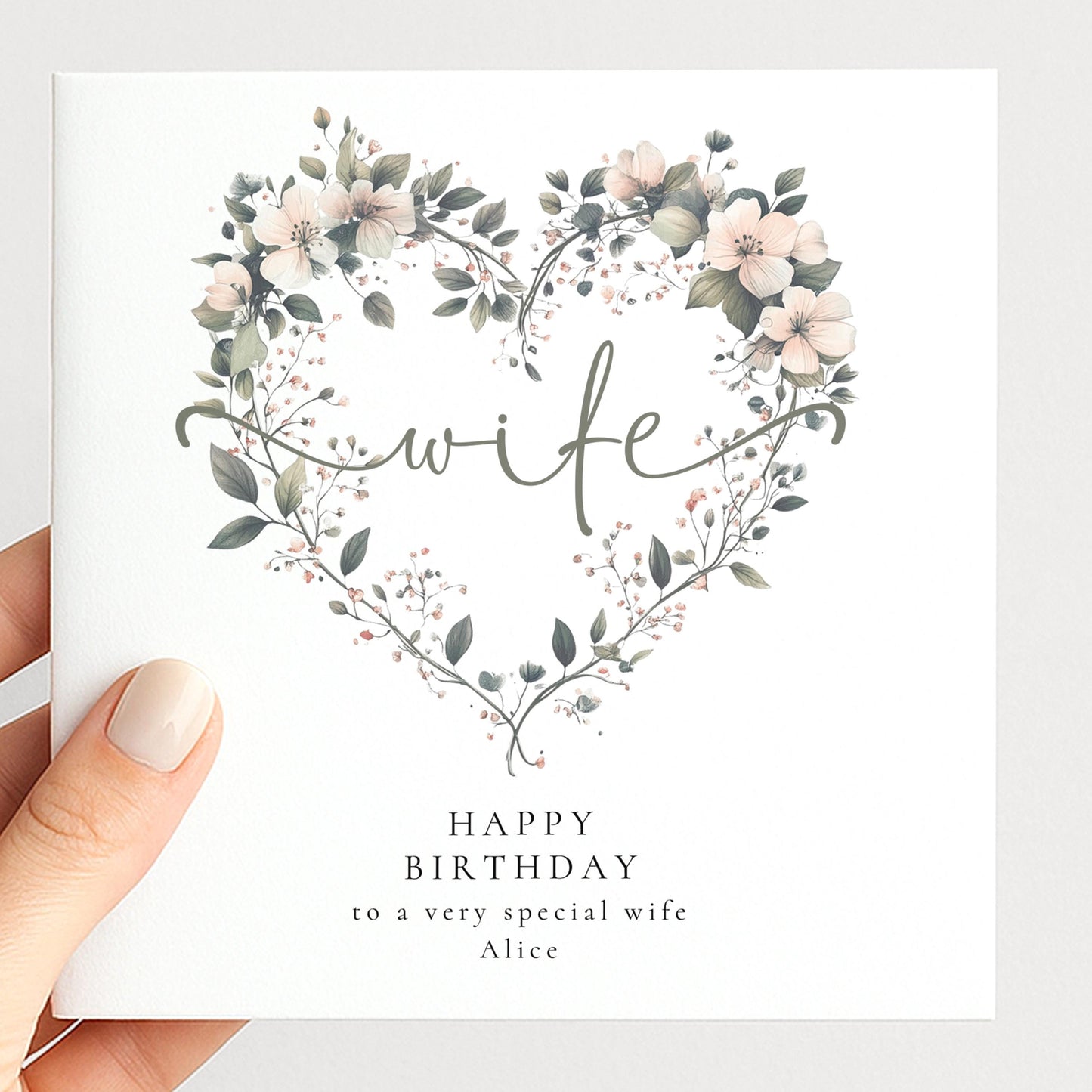 Wife Birthday Card, Happy Birthday to My Wife Card, Floral Heart Birthday Card for Wife, Elegant Personalised Wife Card