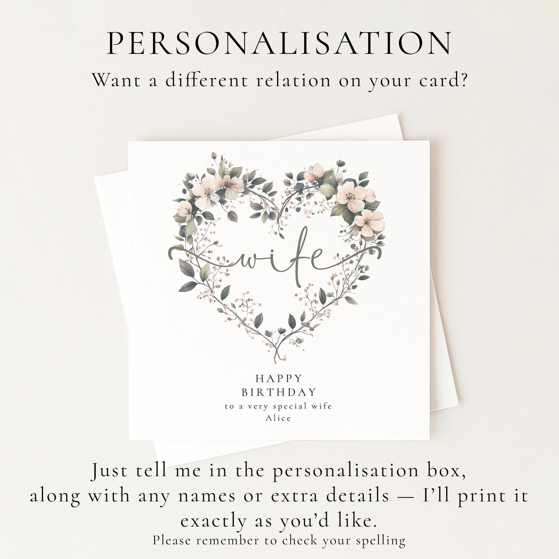 Wife Birthday Card, Happy Birthday to My Wife Card, Floral Heart Birthday Card for Wife, Elegant Personalised Wife Card