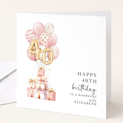 40th Birthday Card for Wife, Personalised 40th Birthday Wife Card, Happy 40th Birthday Card, Pink Balloon Birthday Card