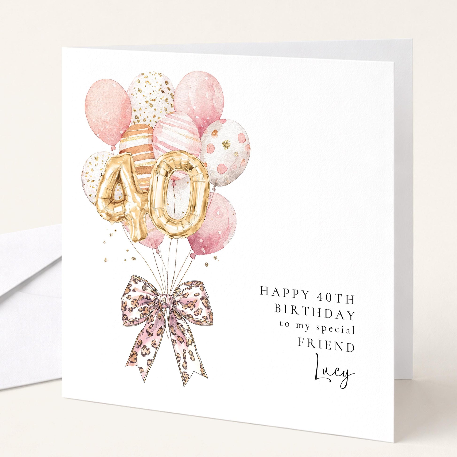 Personalised 40th Happy Birthday Card for Friend, Sister or Niece with Leopard Print Bow and Pink and Gold Balloons