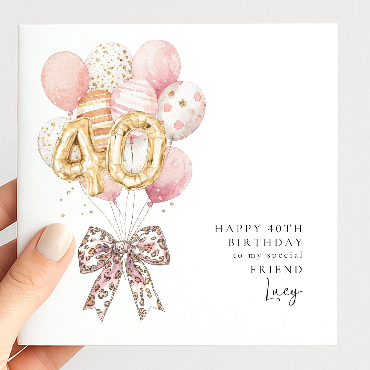 Personalised 40th Happy Birthday Card for Friend, Sister or Niece with Leopard Print Bow and Pink and Gold Balloons
