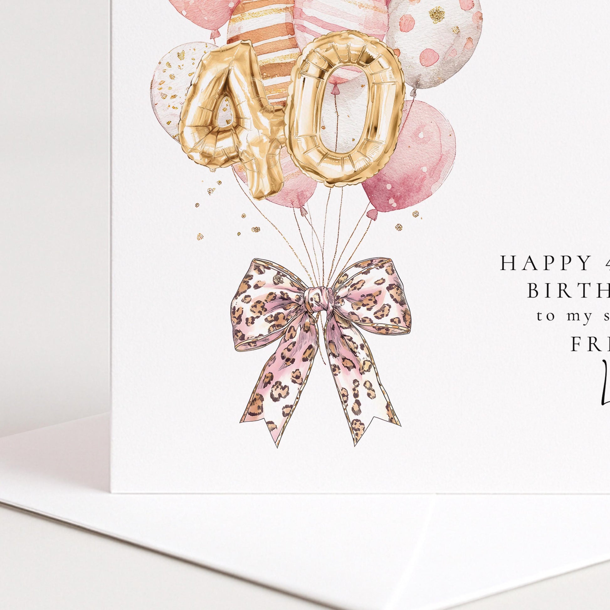 Personalised 40th Happy Birthday Card for Friend, Sister or Niece with Leopard Print Bow and Pink and Gold Balloons