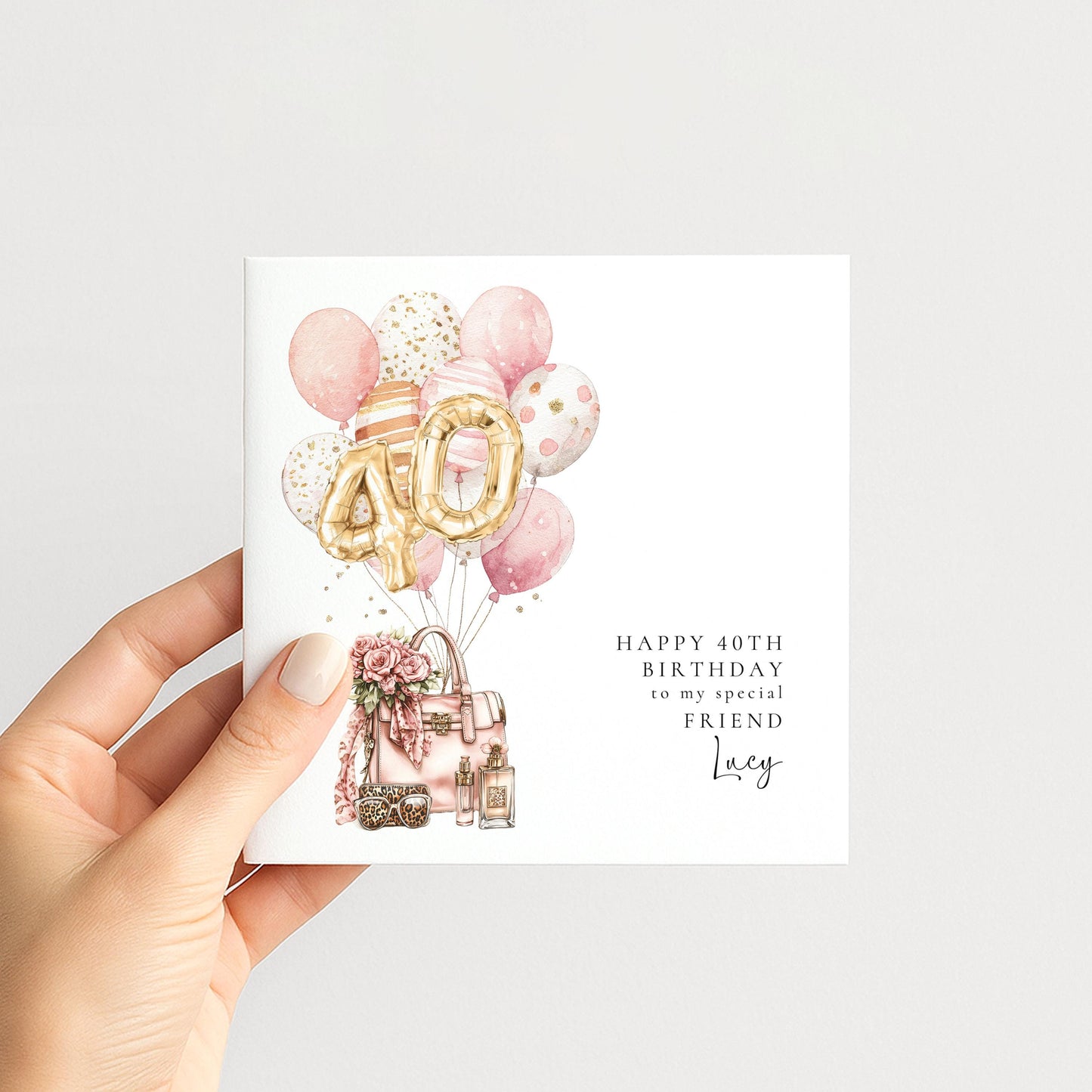 Personalised 40th Happy Birthday Card for Her Friend, Sister or Niece with Gold Numbers and Pink and Gold Balloons