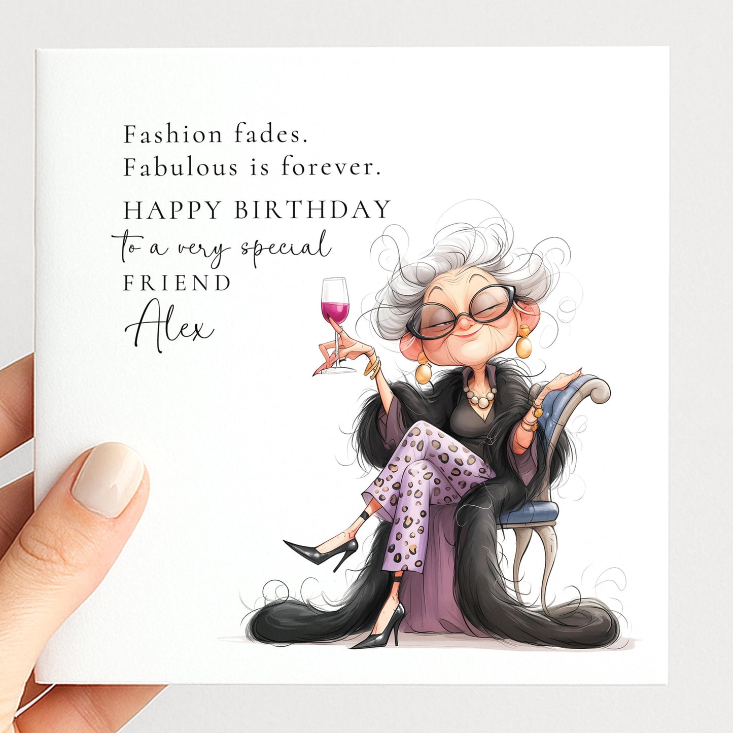 Birthday Card for Friend, Funny Fabulous Card, Personalised Name Greeting, Stylish Older Lady Illustration, Humorous Celebration