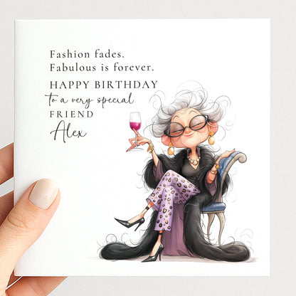 Birthday Card for Friend, Funny Fabulous Card, Personalised Name Greeting, Stylish Older Lady Illustration, Humorous Celebration