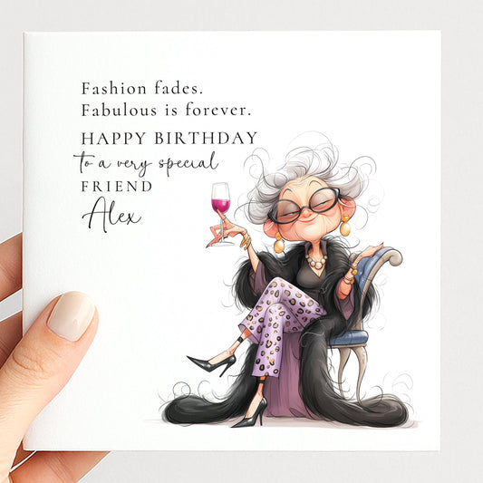 Birthday Card for Friend, Funny Fabulous Card, Personalised Name Greeting, Stylish Older Lady Illustration, Humorous Celebration