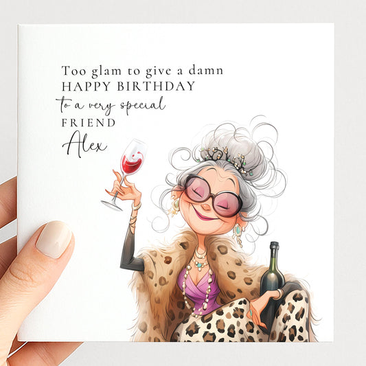 Birthday Card for Friend, Funny Glam Birthday Card, Personalised Name Design, Sassy Fashion Illustration, Humorous Celebration