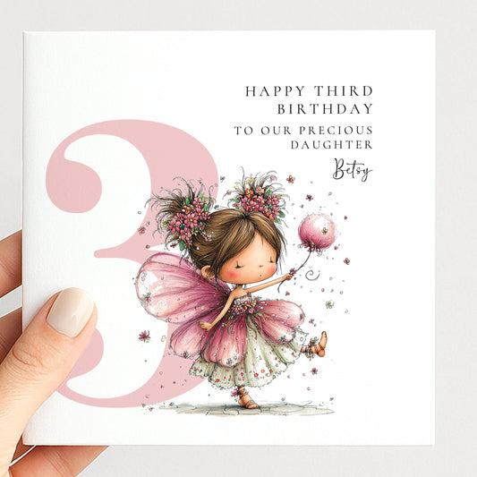 Personalised 3rd Birthday Card for Girl, Fairy Birthday Daughter Card, Brunette Baby Girl Age 3 Card, Custom Name Third Birthday Keepsake