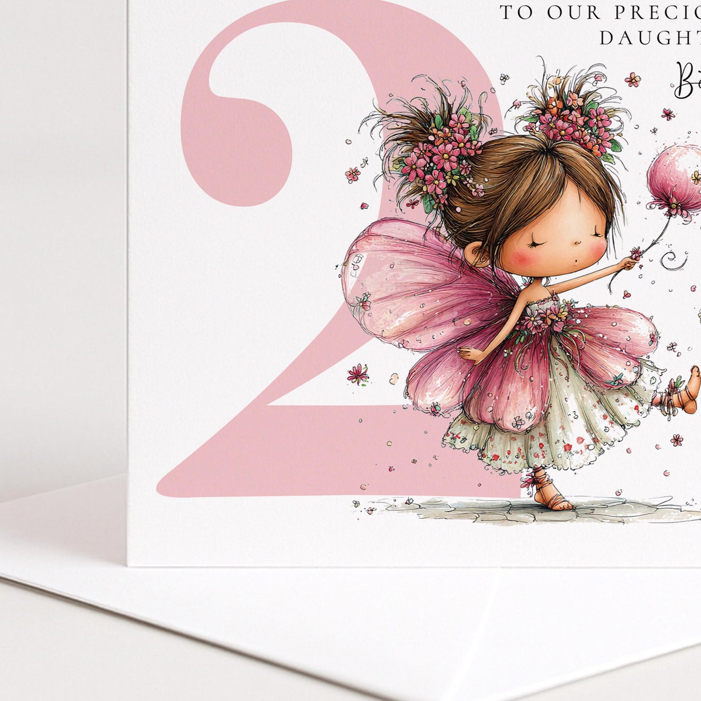 Personalised 2nd Birthday Card for Girl, Fairy Birthday Daughter Card, Brunette Baby Girl Age 2 Card, Custom Name Second Birthday Keepsake
