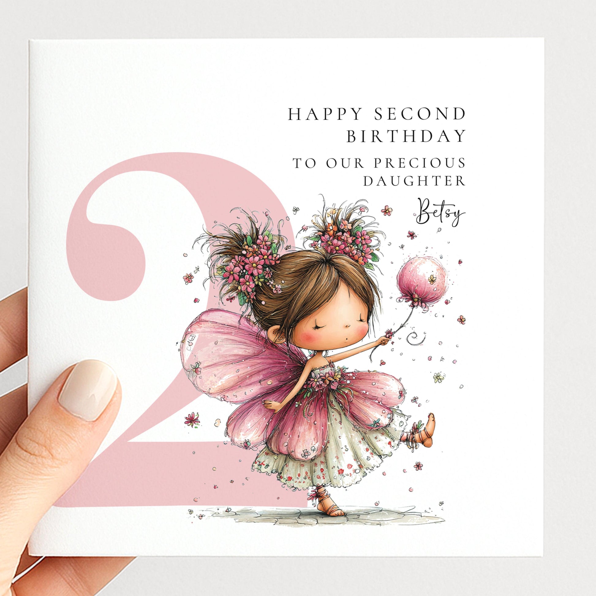 Personalised 2nd Birthday Card for Girl, Fairy Birthday Daughter Card, Brunette Baby Girl Age 2 Card, Custom Name Second Birthday Keepsake