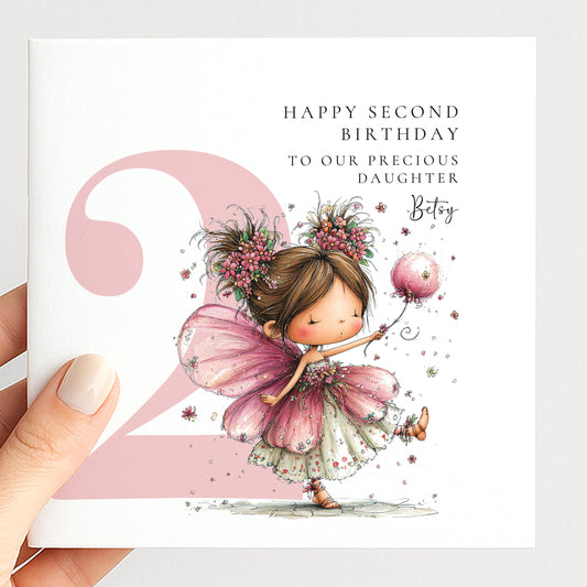 Personalised 2nd Birthday Card for Girl, Fairy Birthday Daughter Card, Brunette Baby Girl Age 2 Card, Custom Name Second Birthday Keepsake