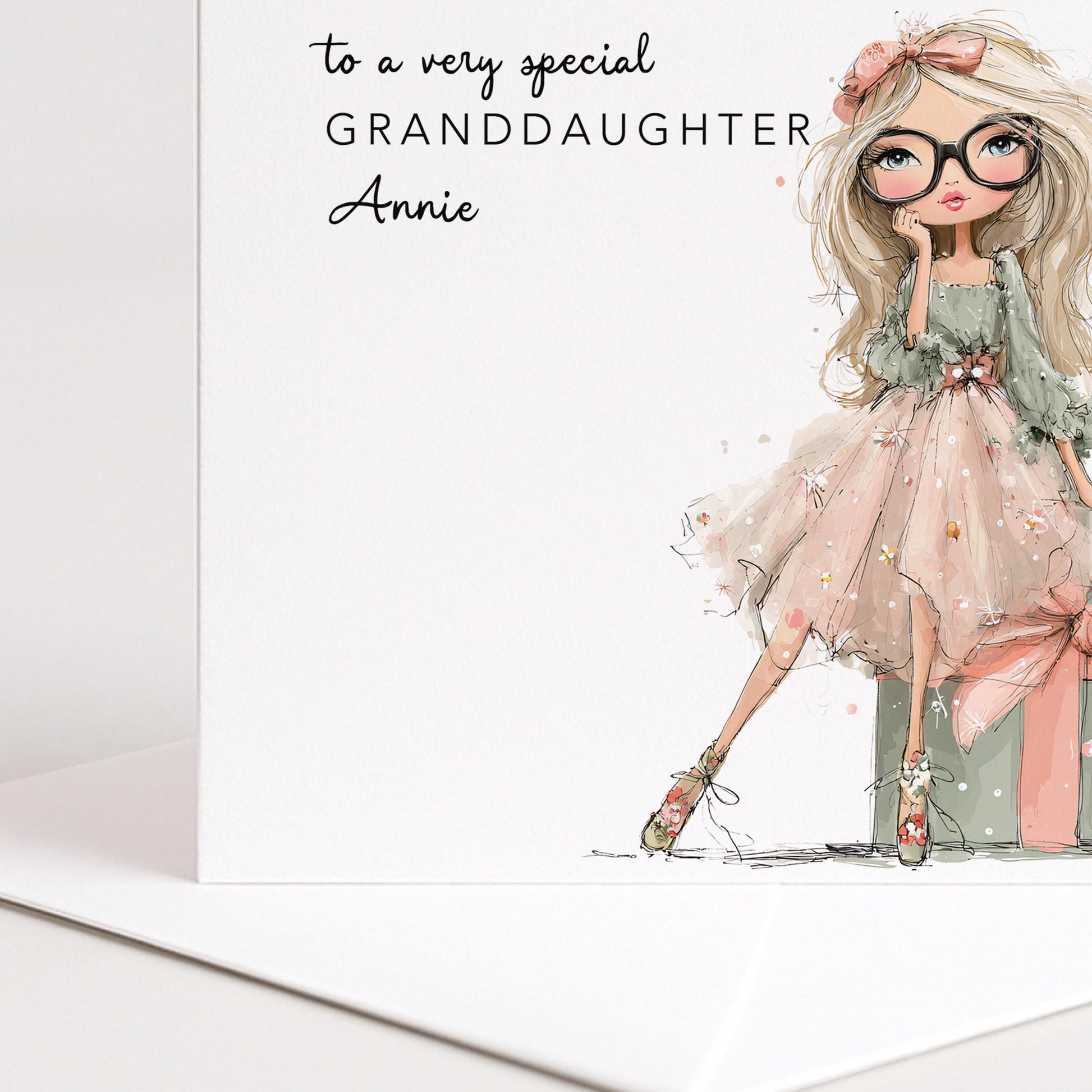Granddaughter Birthday Card, Personalised Birthday Card for Daughter, Cute Girl with Glasses Design, Custom Name Birthday Greeting