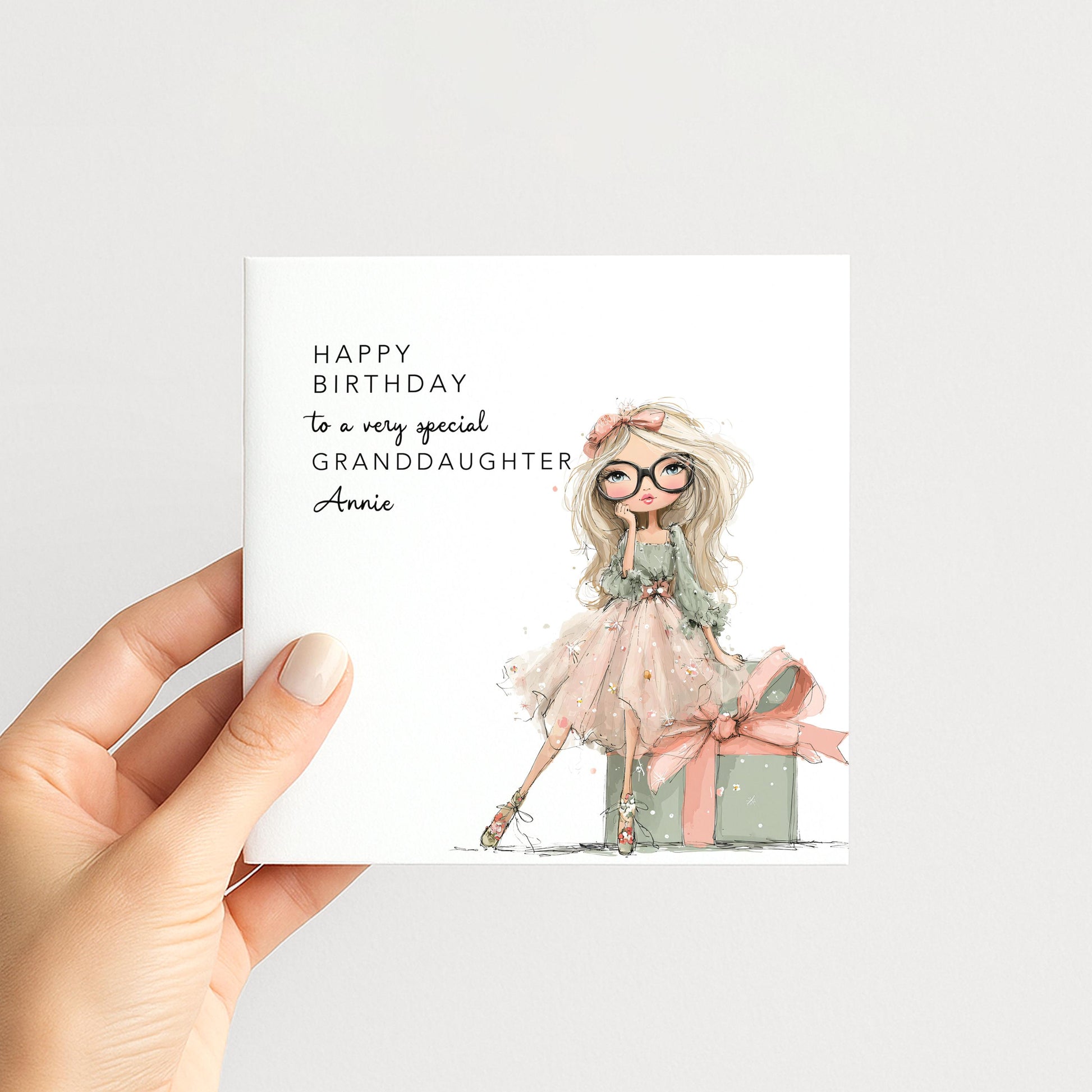 Granddaughter Birthday Card, Personalised Birthday Card for Daughter, Cute Girl with Glasses Design, Custom Name Birthday Greeting