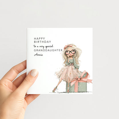 Granddaughter Birthday Card, Personalised Birthday Card for Daughter, Cute Girl with Glasses Design, Custom Name Birthday Greeting