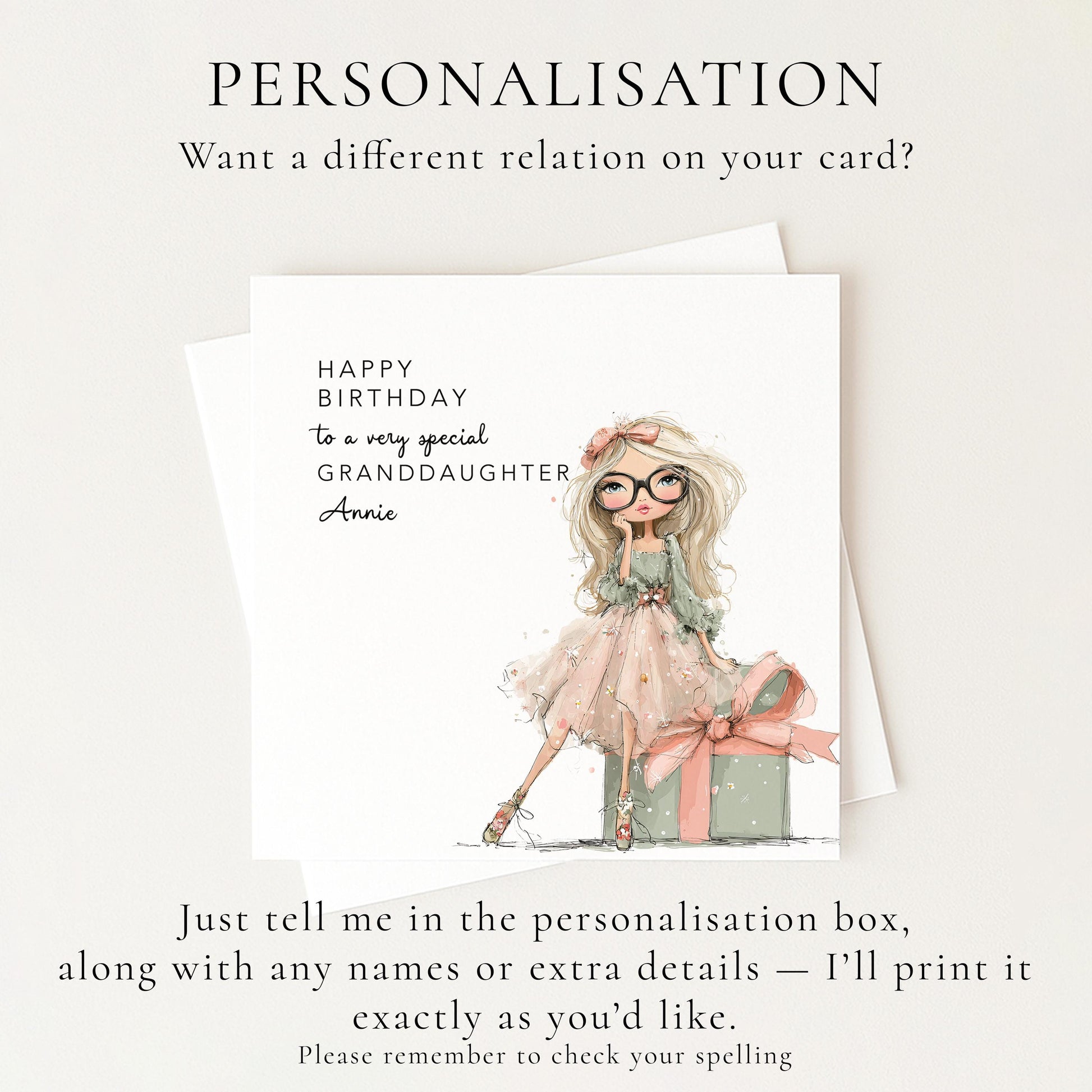 Granddaughter Birthday Card, Personalised Birthday Card for Daughter, Cute Girl with Glasses Design, Custom Name Birthday Greeting