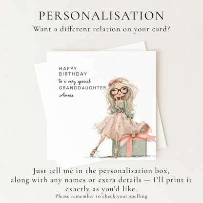Granddaughter Birthday Card, Personalised Birthday Card for Daughter, Cute Girl with Glasses Design, Custom Name Birthday Greeting