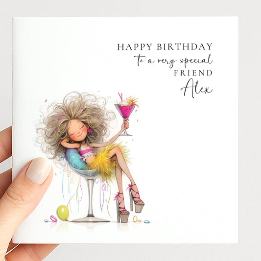 Personalised Birthday Card for Friend, Name Design, Fun Cocktail Illustration, Stylish Female Celebration Greeting