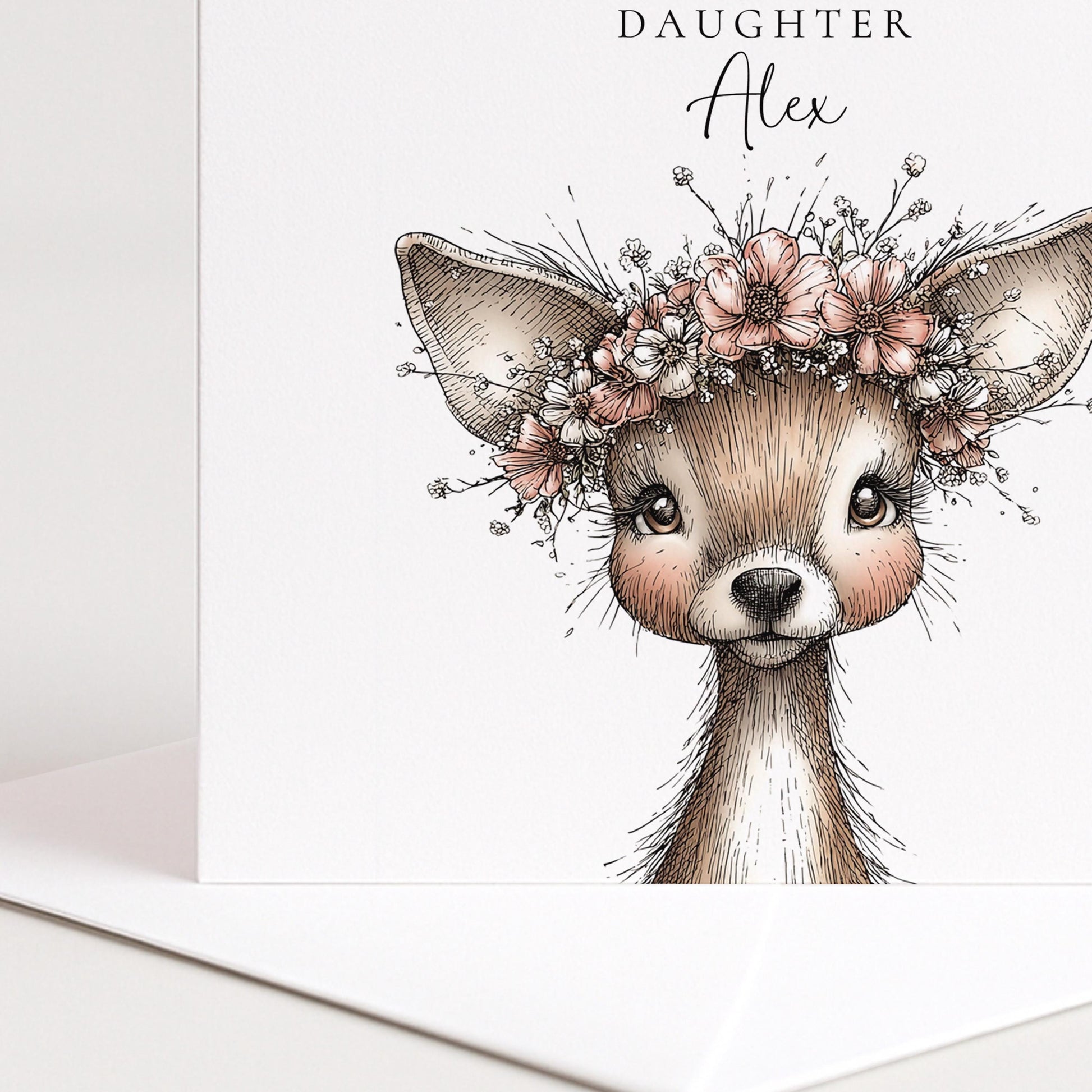 Birthday Card for Daughter, Personalised Name Card, Cute Deer Illustration, Floral Crown Design, Thoughtful Birthday Greeting