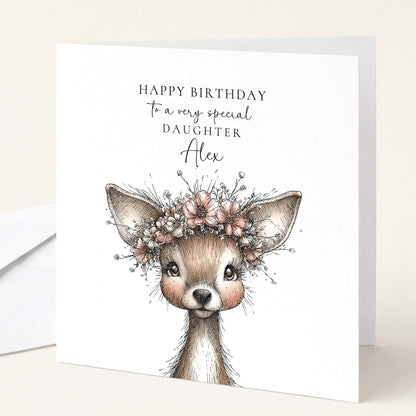 Birthday Card for Daughter, Personalised Name Card, Cute Deer Illustration, Floral Crown Design, Thoughtful Birthday Greeting