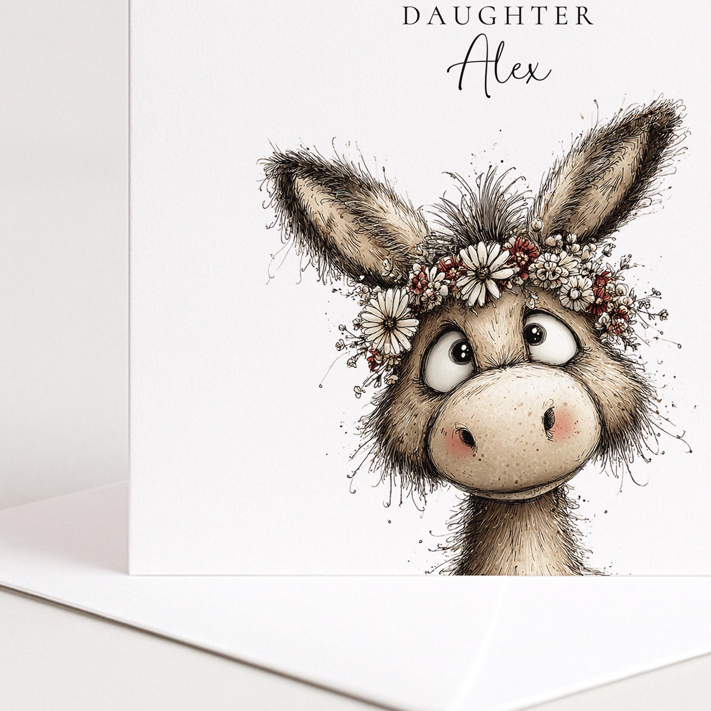 Birthday Card for Daughter, Personalised Name Card, Cute Donkey Illustration, Floral Crown Design, Thoughtful Birthday Greeting