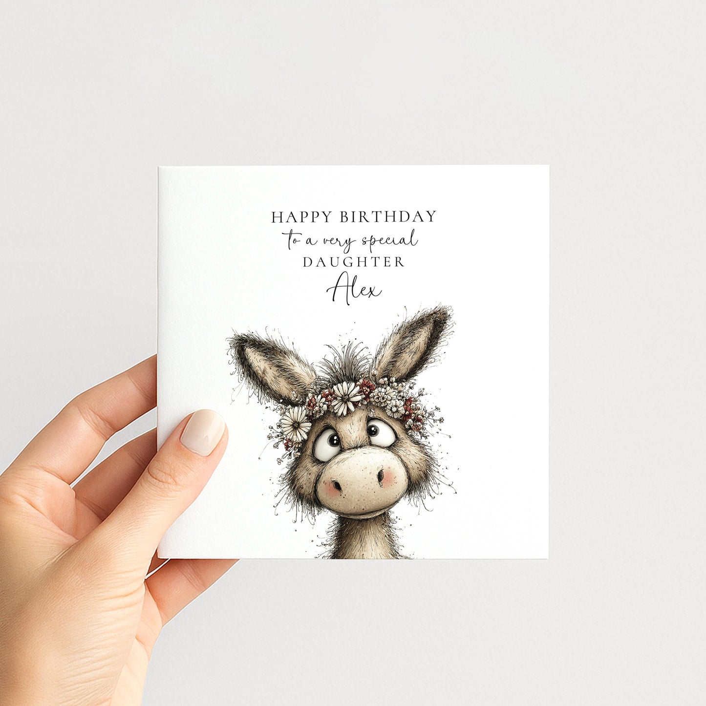 Birthday Card for Daughter, Personalised Name Card, Cute Donkey Illustration, Floral Crown Design, Thoughtful Birthday Greeting