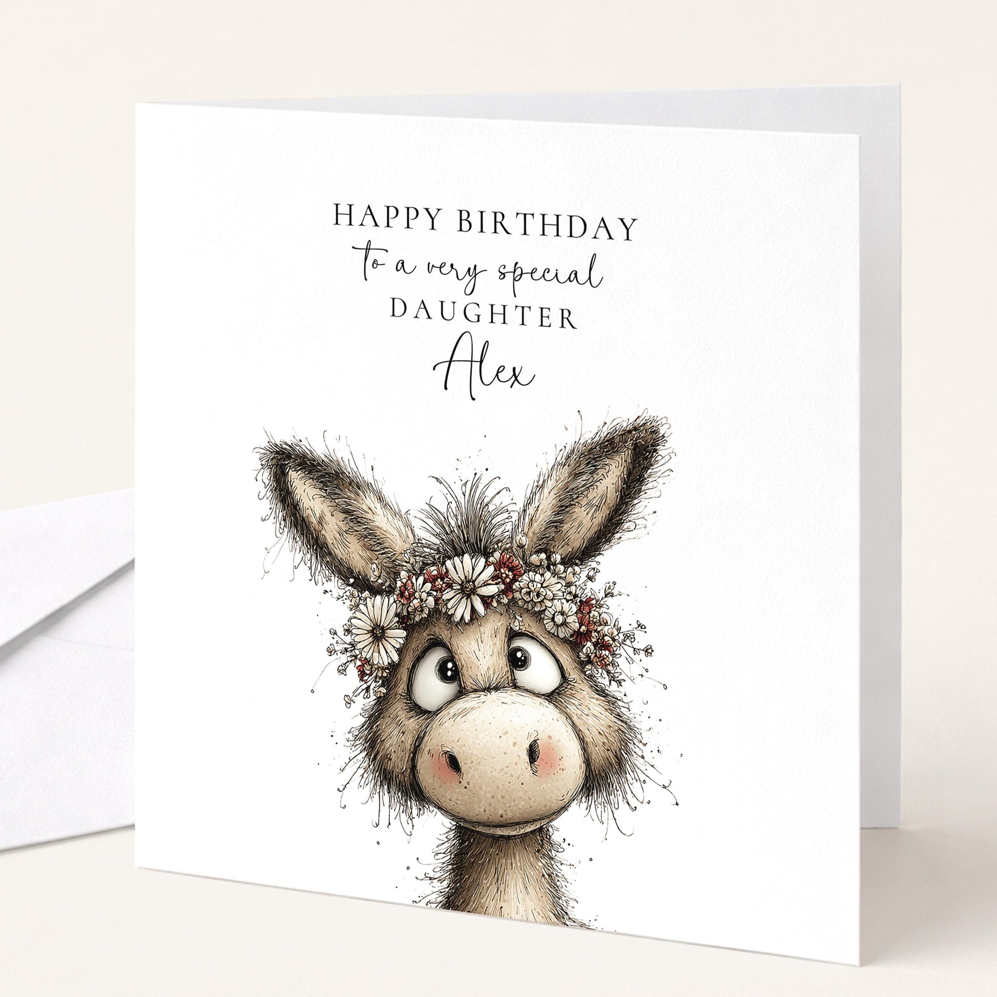 Birthday Card for Daughter, Personalised Name Card, Cute Donkey Illustration, Floral Crown Design, Thoughtful Birthday Greeting