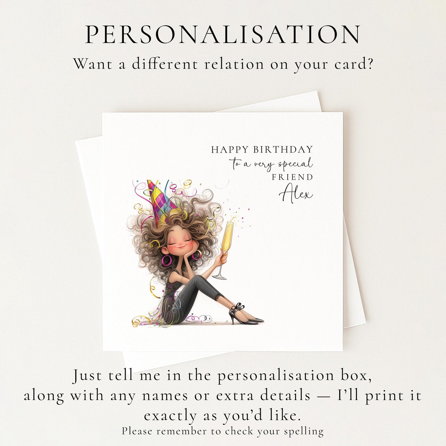 Personalised Birthday Card for Friend, Name Design, Fun Cocktail Illustration, Stylish Female Celebration Greeting