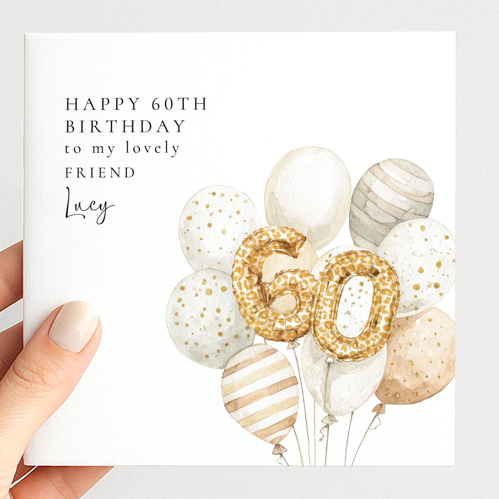 60th Birthday Card for Friend, Personalised Milestone Birthday Card, Elegant Gold Leopard Print Balloon Design, Custom Name Greeting