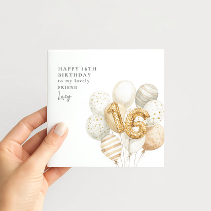 16th Birthday Card for Friend, Personalised Milestone Birthday Card, Elegant Gold Leopard Print Balloon Design, Custom Name Greeting