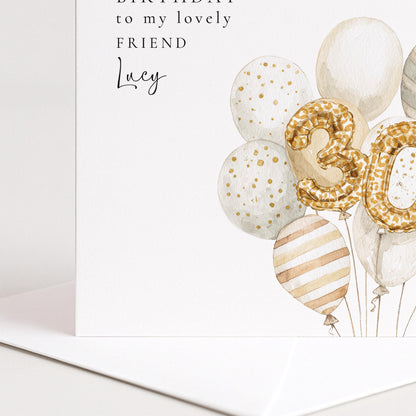 30th Birthday Card for Friend, Personalised Milestone Birthday Card, Elegant Gold Leopard Print Balloon Design, Custom Name Greeting