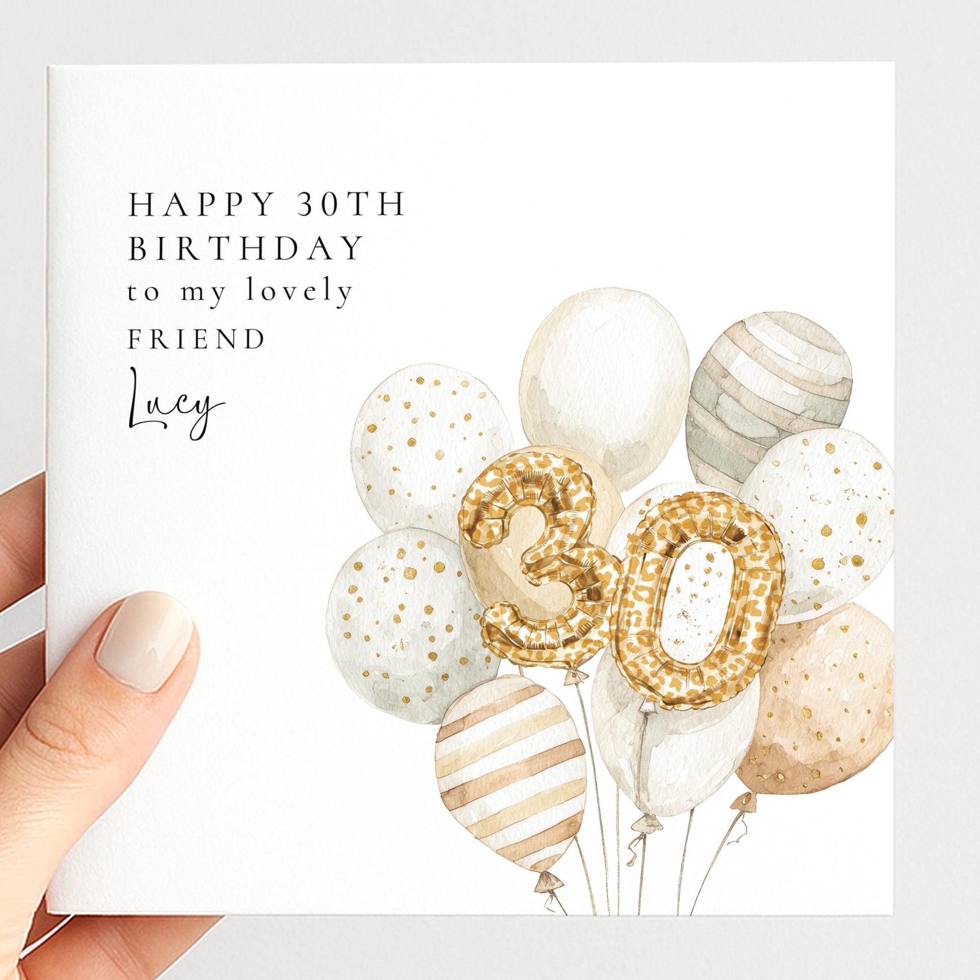 30th Birthday Card for Friend, Personalised Milestone Birthday Card, Elegant Gold Leopard Print Balloon Design, Custom Name Greeting