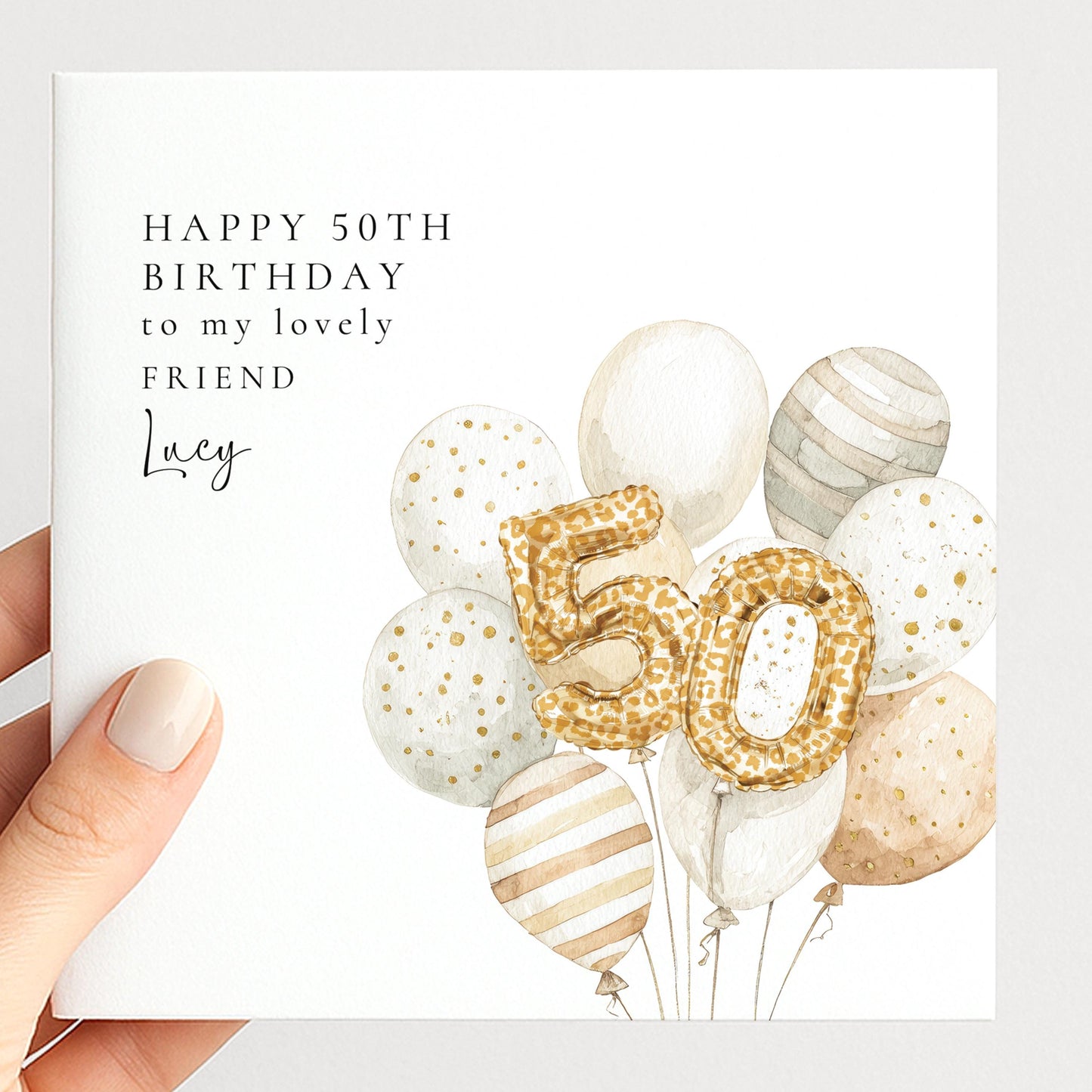50th Birthday Card for Friend, Personalised Milestone Birthday Card, Elegant Gold Leopard Print Balloon Design, Custom Name Greeting