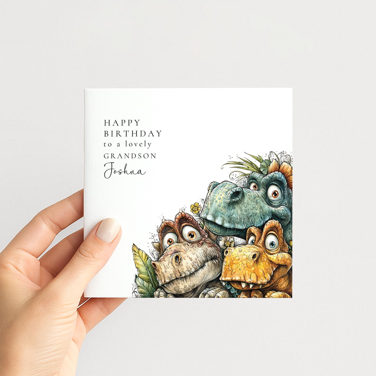Birthday Card for Grandson, Personalised Dinosaur Birthday Card, Cute Dino Illustration, Custom Name Grandson Greeting