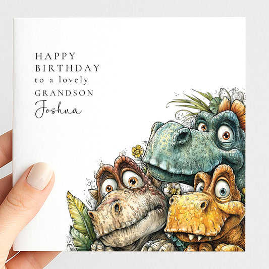 Birthday Card for Grandson, Personalised Dinosaur Birthday Card, Cute Dino Illustration, Custom Name Grandson Greeting